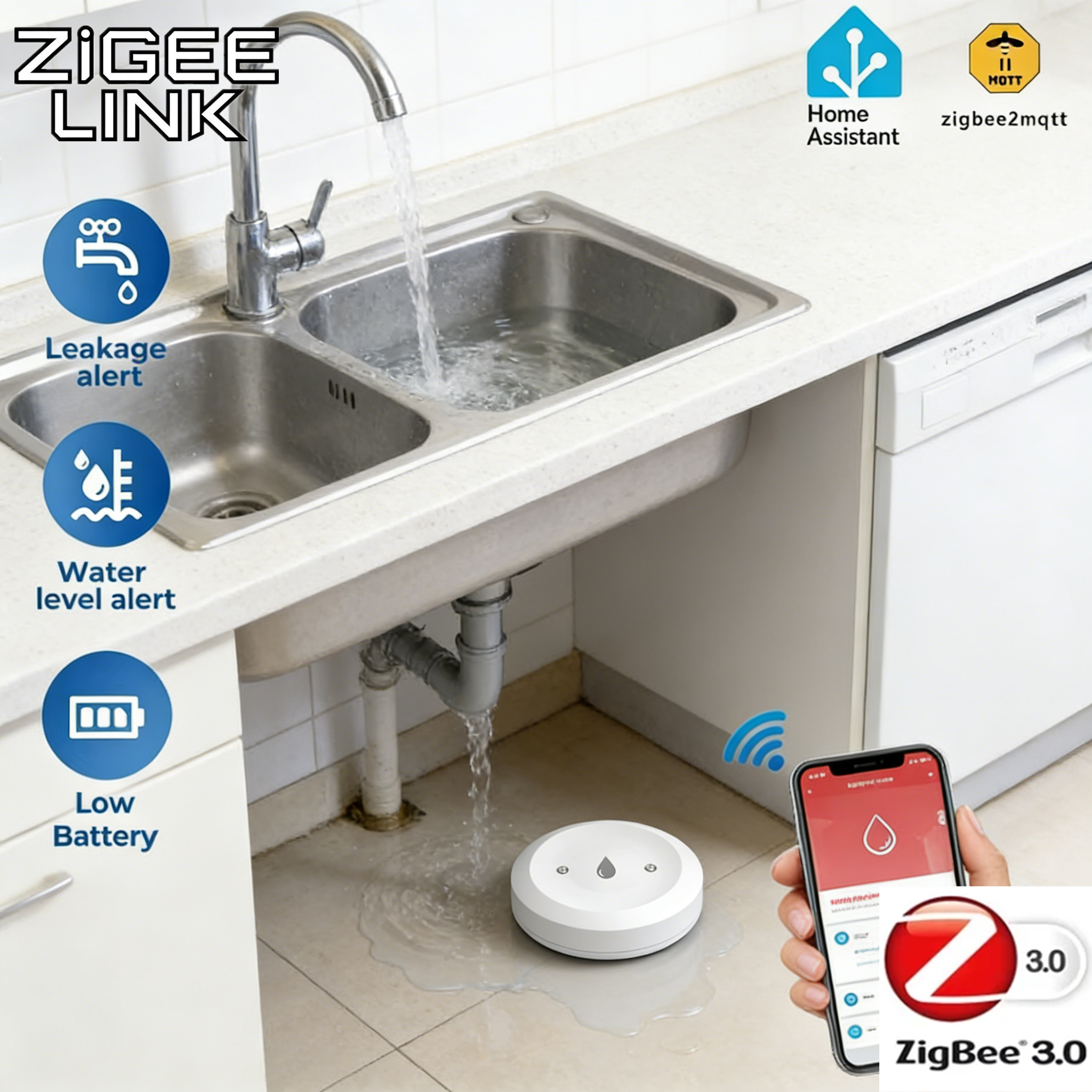 Smart Home Zigbee 3.0 - Détecteur de fuite d'eau intelligent Tuya